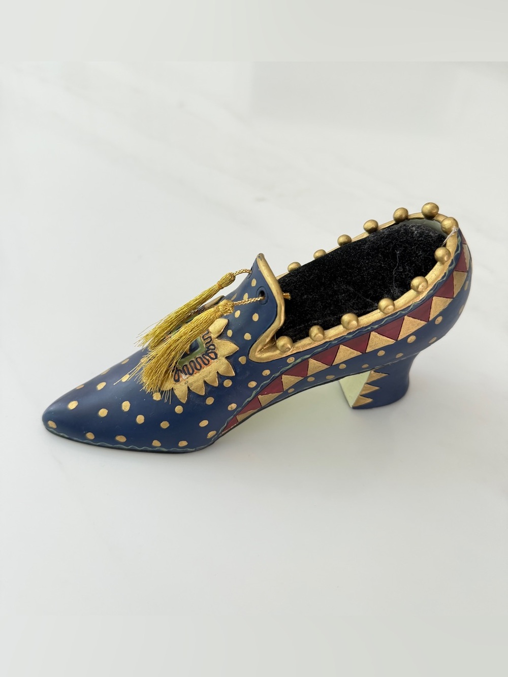 Vintage High Heel Shoe Pin Cushion Trinket Holder Blue Gold Geometric Resin 7×4"